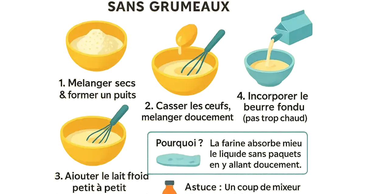 Recette crêpe 2 œufs : mélangez les ingrédients secs, ajoutez les œufs, puis le lait froid petit à petit. Incorporez le beurre fondu.
