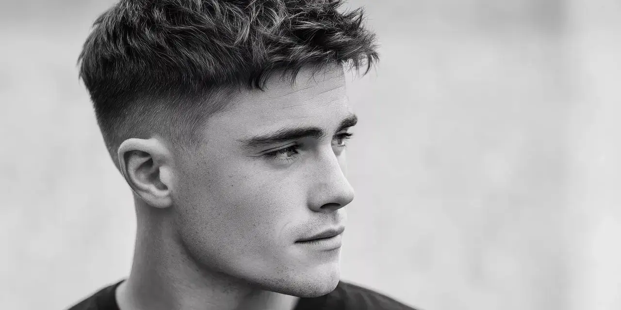 Perfil de hombre joven con corte de pelo moderno, un degradado rasurado impecable que se funde con la piel.