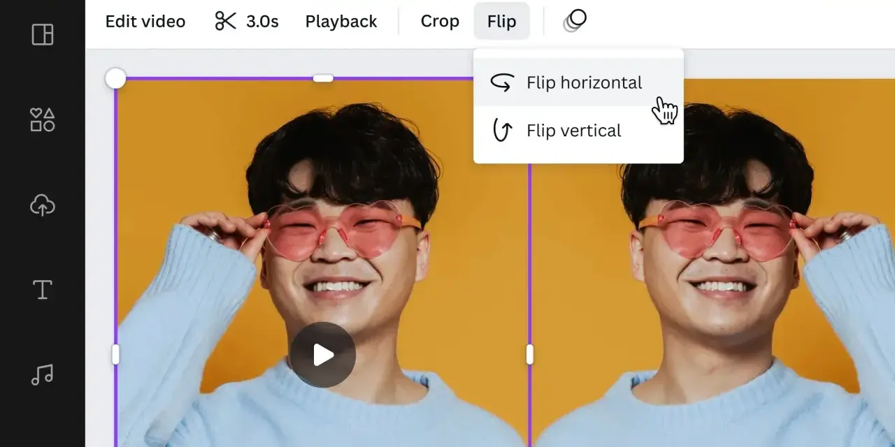Wybór opcji "Flip horizontal" tworzy odbicie lustrzane mężczyzny w okularach w kształcie serc.