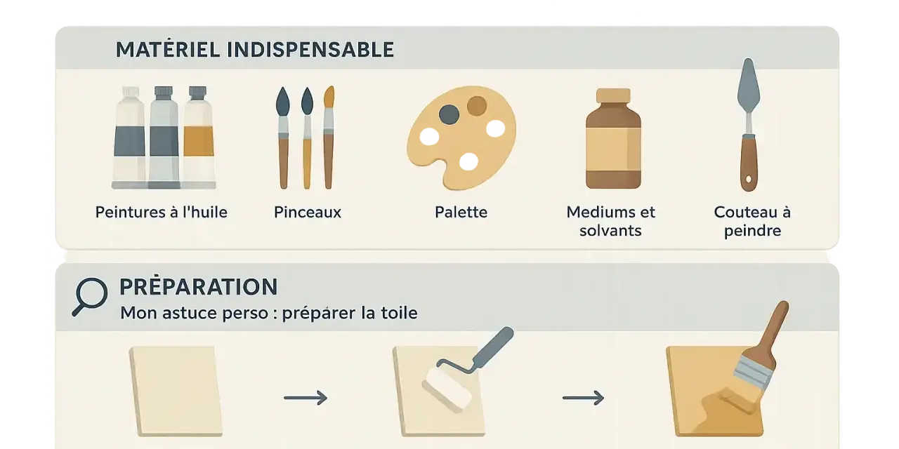 Guide pour débuter la peinture à l'huile : matériel indispensable et étapes de préparation de la toile pour un bon processus peinture.