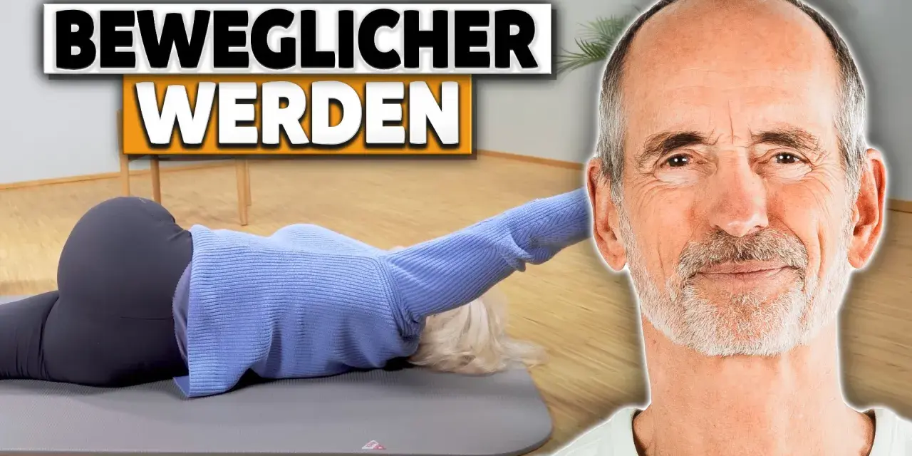 Mann lächelt, Frau liegt auf Matte in Übungsposition. Text "Beweglicher werden".