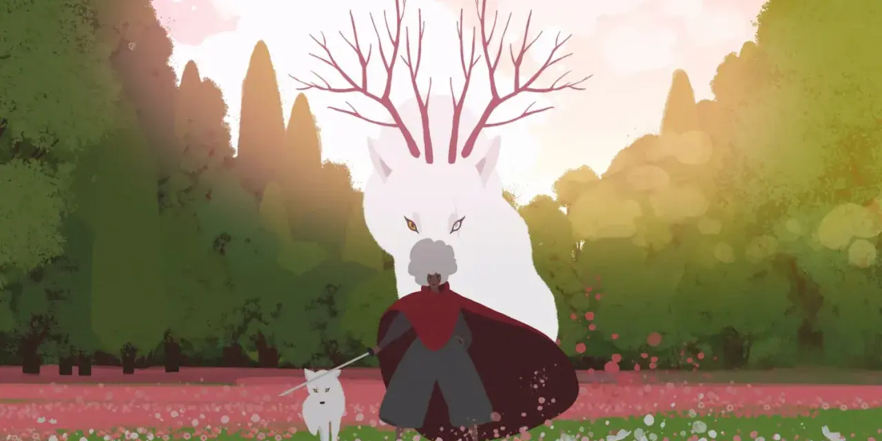 Una figura con capa roja y un lobo blanco caminan por un campo de flores. Detrás, un lobo gigante con astas de árbol observa. No es un juego, es una aventura.