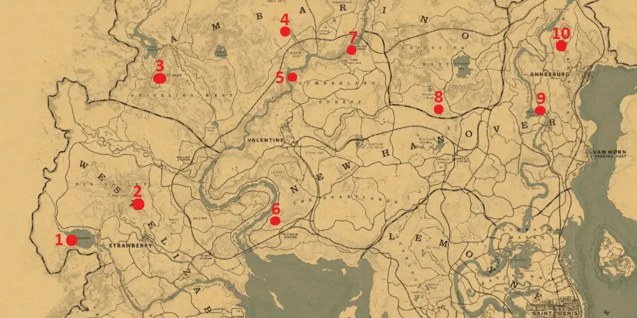 Mapa de Red Dead Redemption 2 con 10 puntos marcados, indicando ubicaciones de rocas talladas rdr2.
