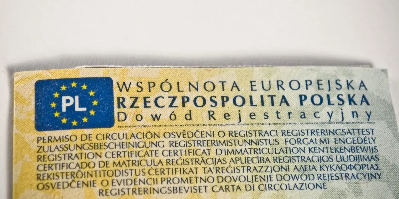 Dowód rejestracyjny z numerem VIN w dowodzie. Dokument zawiera flagę PL i napisy w wielu językach UE.