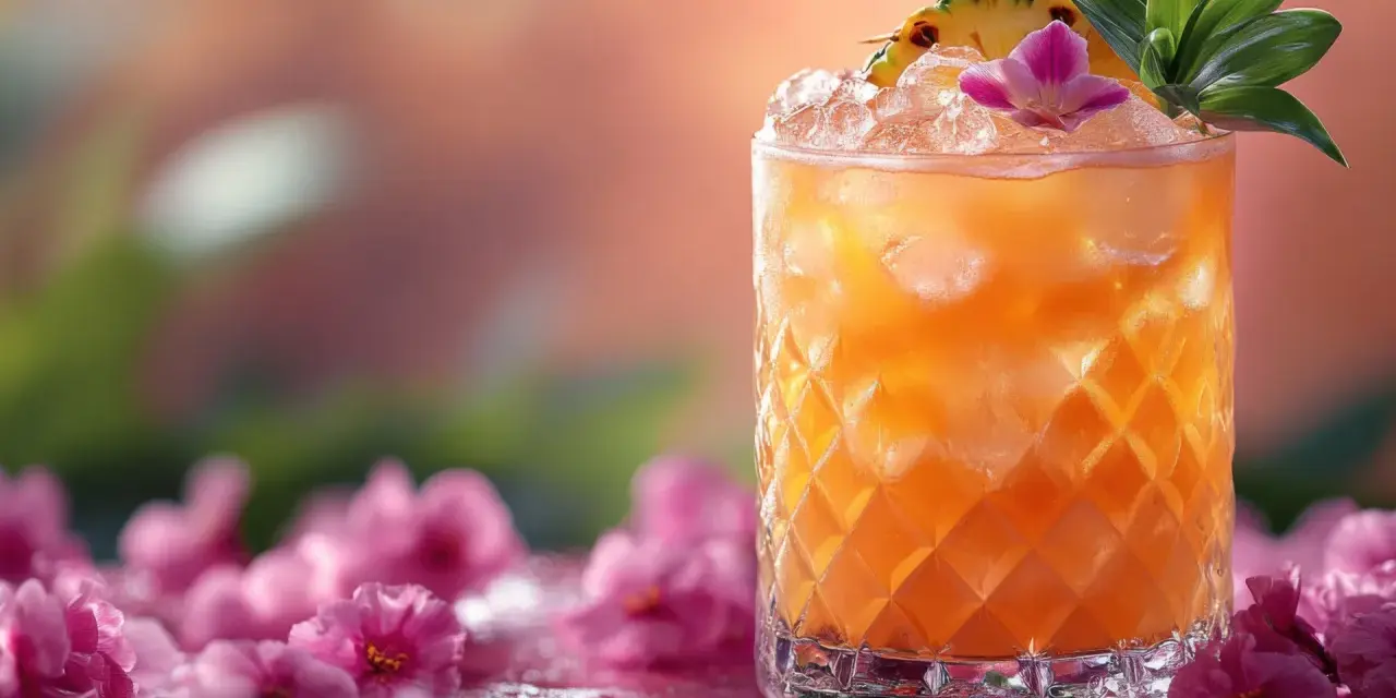 Orzeźwiający drink Bahama Mama z ananasem i kwiatkiem, otoczony różowymi kwiatami.