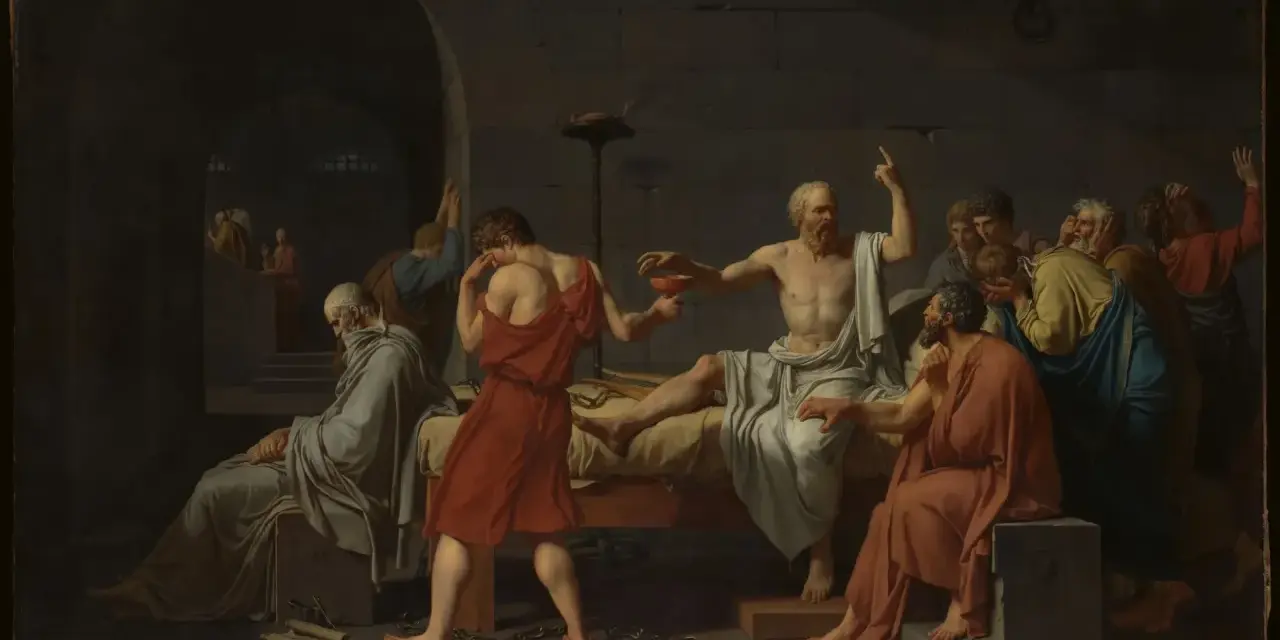 La muerte de Sócrates, obra neoclásica, muestra al filósofo bebiendo cicuta rodeado de discípulos.