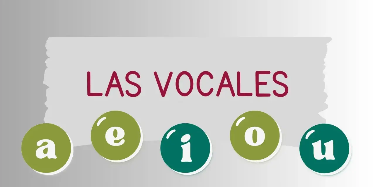 Las vocales a, e, i, o, u en círculos de colores, listas para la lectura.