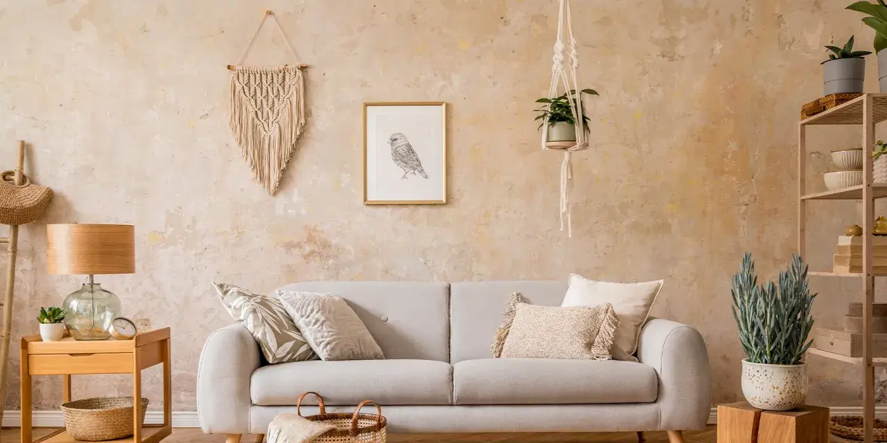 Gemütliches Wohnzimmer mit beiger Wischtechnik Wand, Sofa, Makramee-Deko und Pflanzen.
