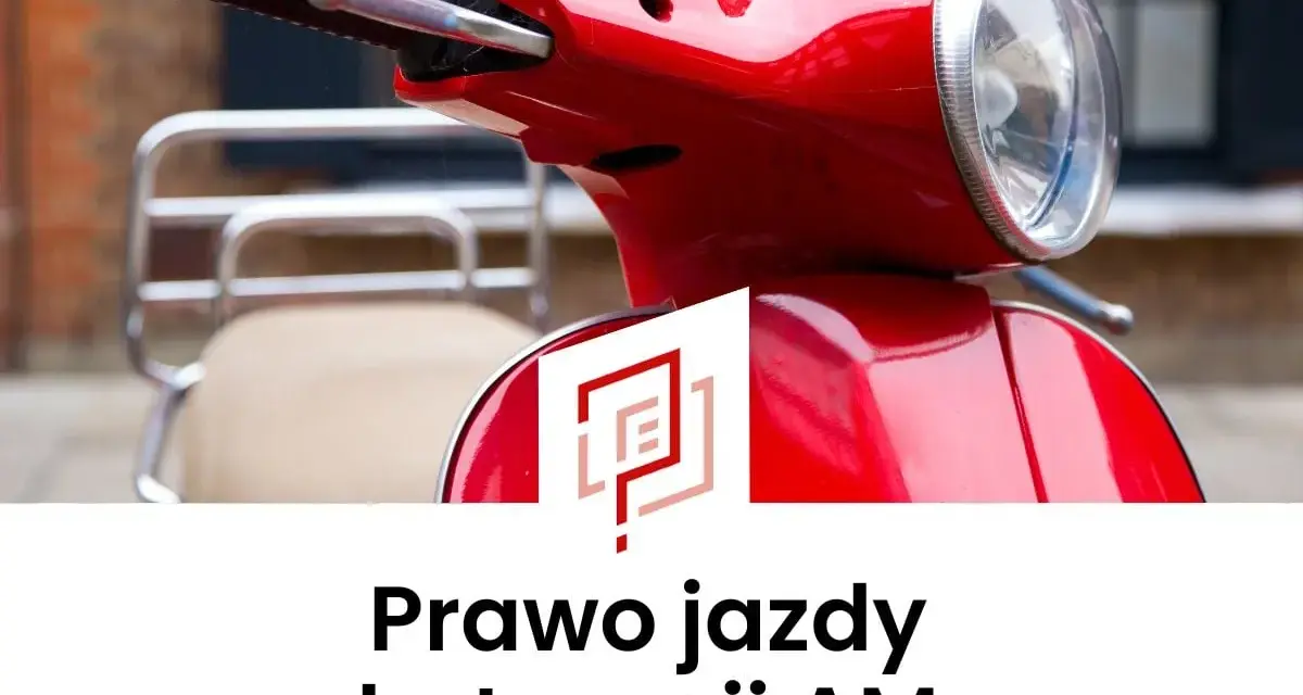 Czerwony skuter i napis "Prawo jazdy kategorii AM". Marzysz o wolności na dwóch kółkach? Teraz prawo jazdy AM za darmo!