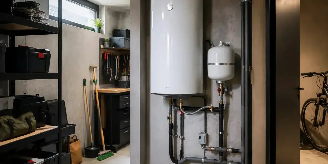 Un boiler bianco e un serbatoio di espansione, collegati da tubi, illustrano la differenza tra caldaia e scaldabagno in un locale tecnico.