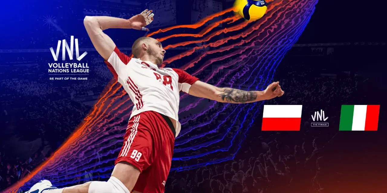 Siatkarz w skoku do ataku podczas turnieju finałowego Ligi Narodów. Polska kontra Włochy.