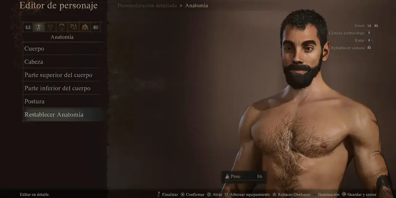 Editor de personaje en Dragon's Dogma Online. Hombre con barba y torso musculoso, con opciones de anatomía y personalización.
