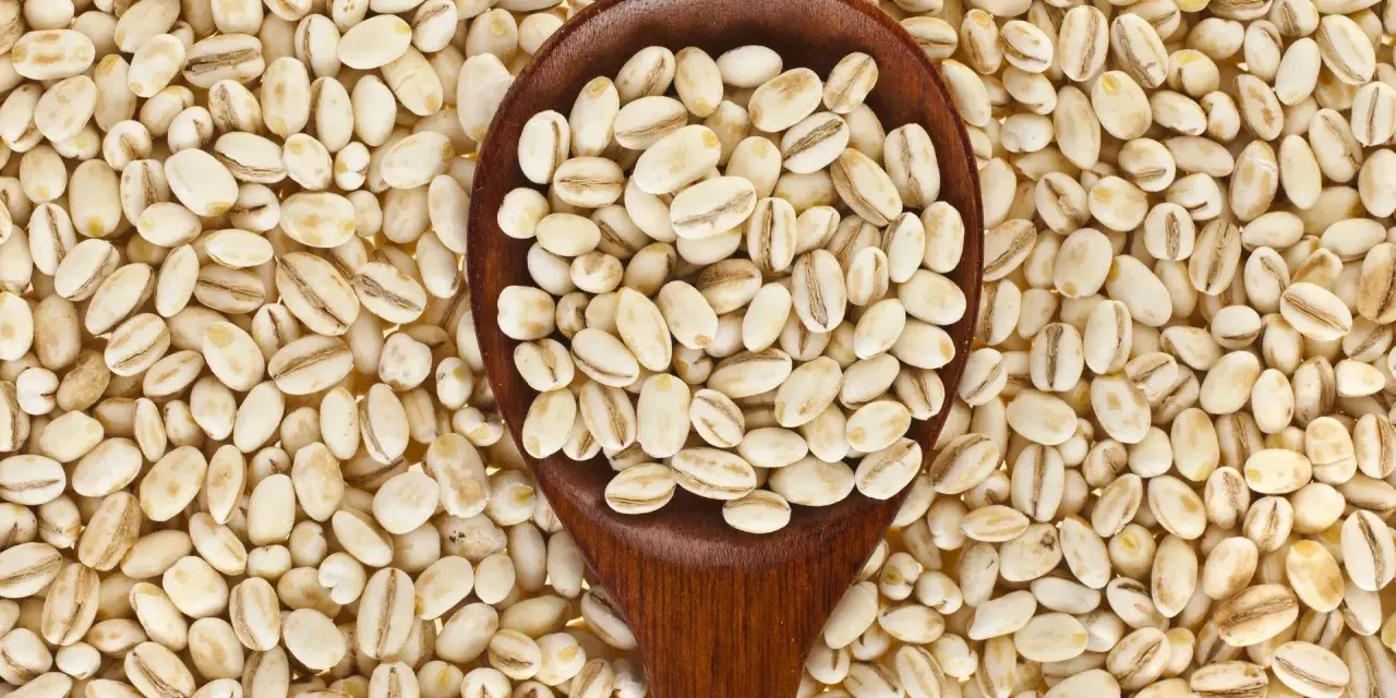 Kasza jęczmienna, widoczna na drewnianej łyżce i rozsypana wokół, zawiera gluten.