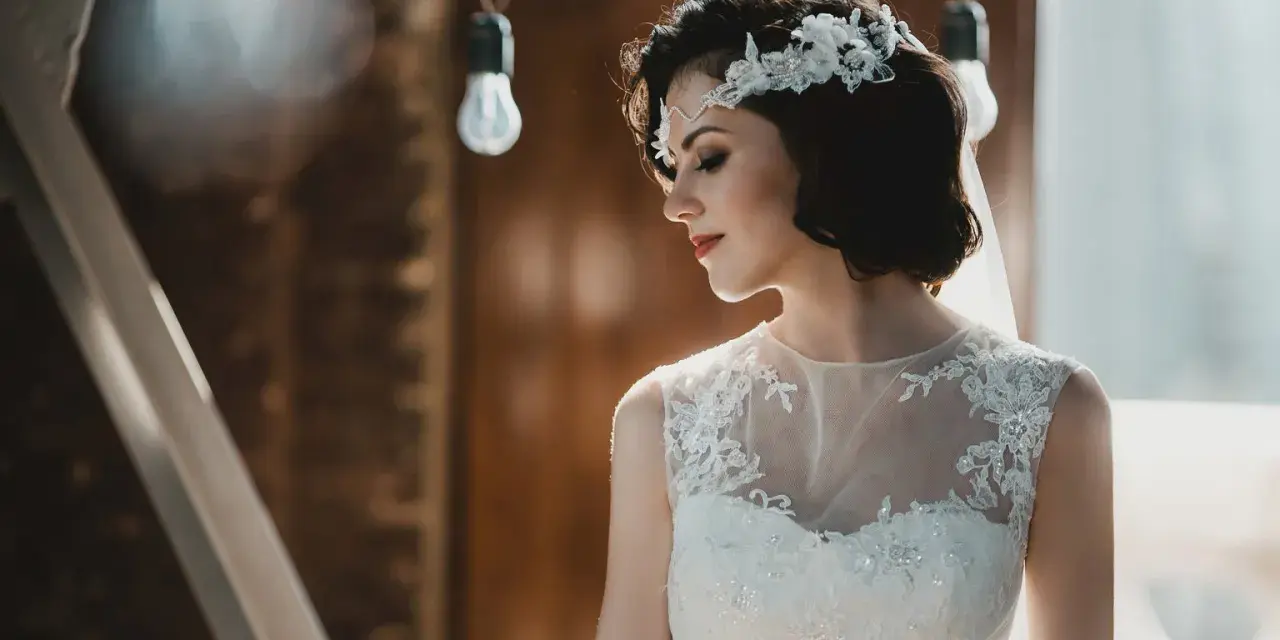 Panna młoda z krótkimi włosami w stylu boho, ozdobionymi kwiatową opaską, w białej sukni z koronkowymi detalami.