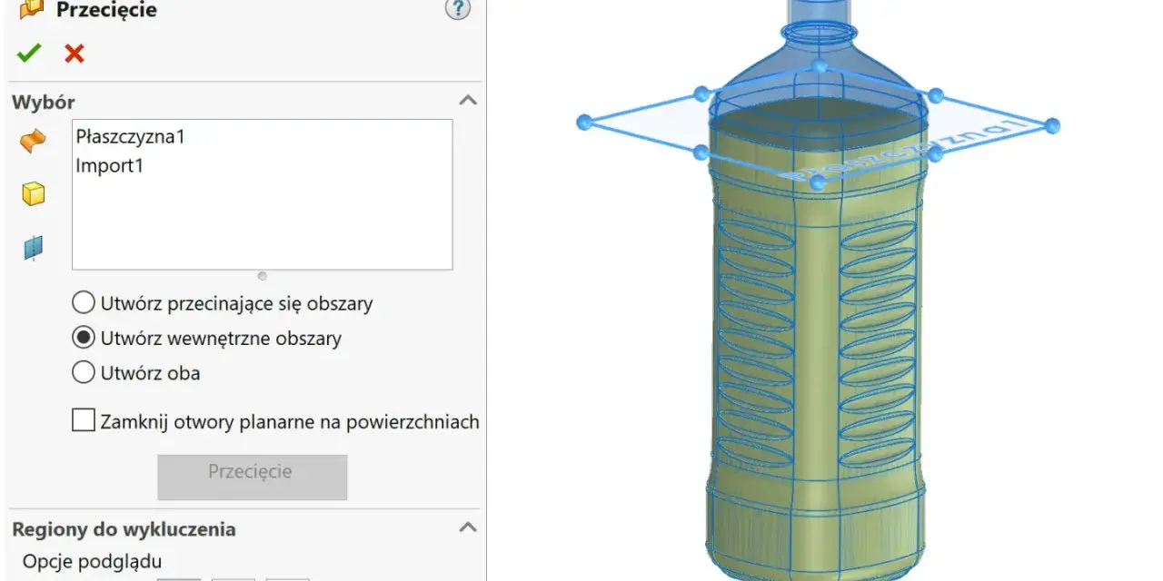 Model 3D butelki z zaznaczonym przekrojem i opcjami w panelu bocznym.