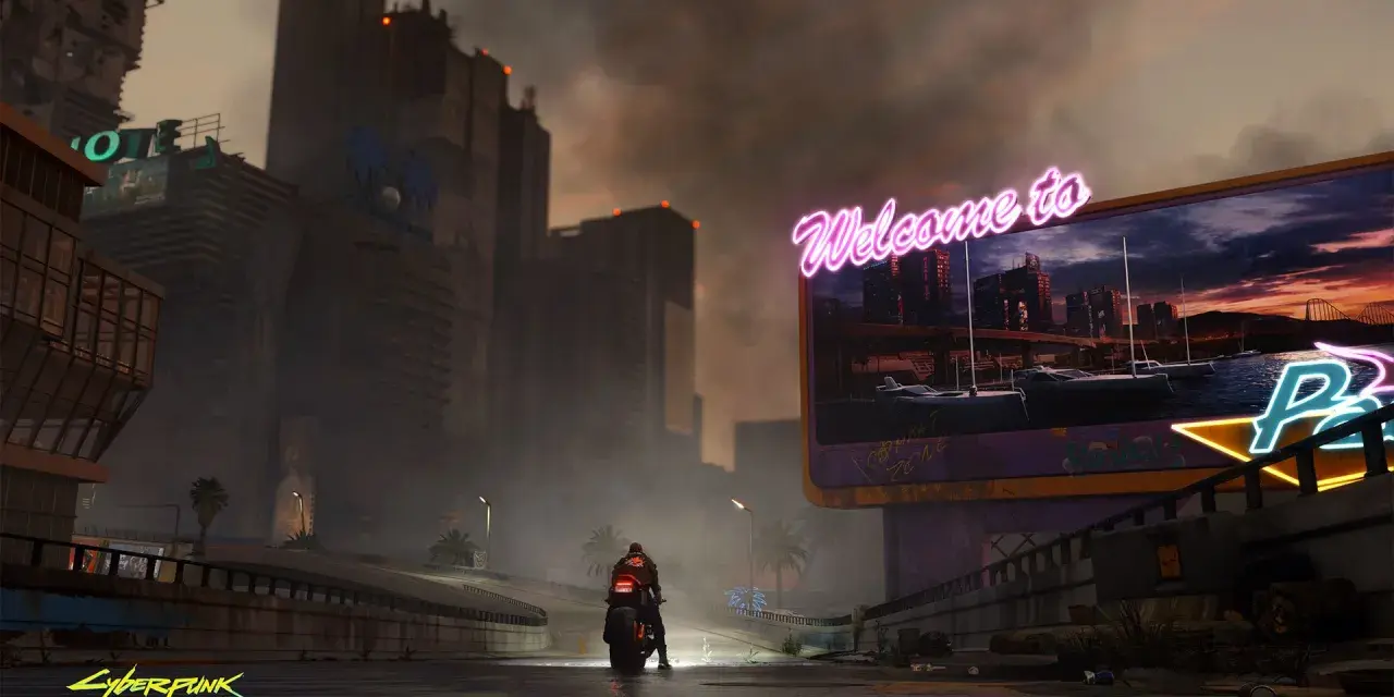 Motociclista en Night City, con rascacielos y un letrero de neón "Welcome to". Ideal para los requisitos de Cyberpunk 2077.