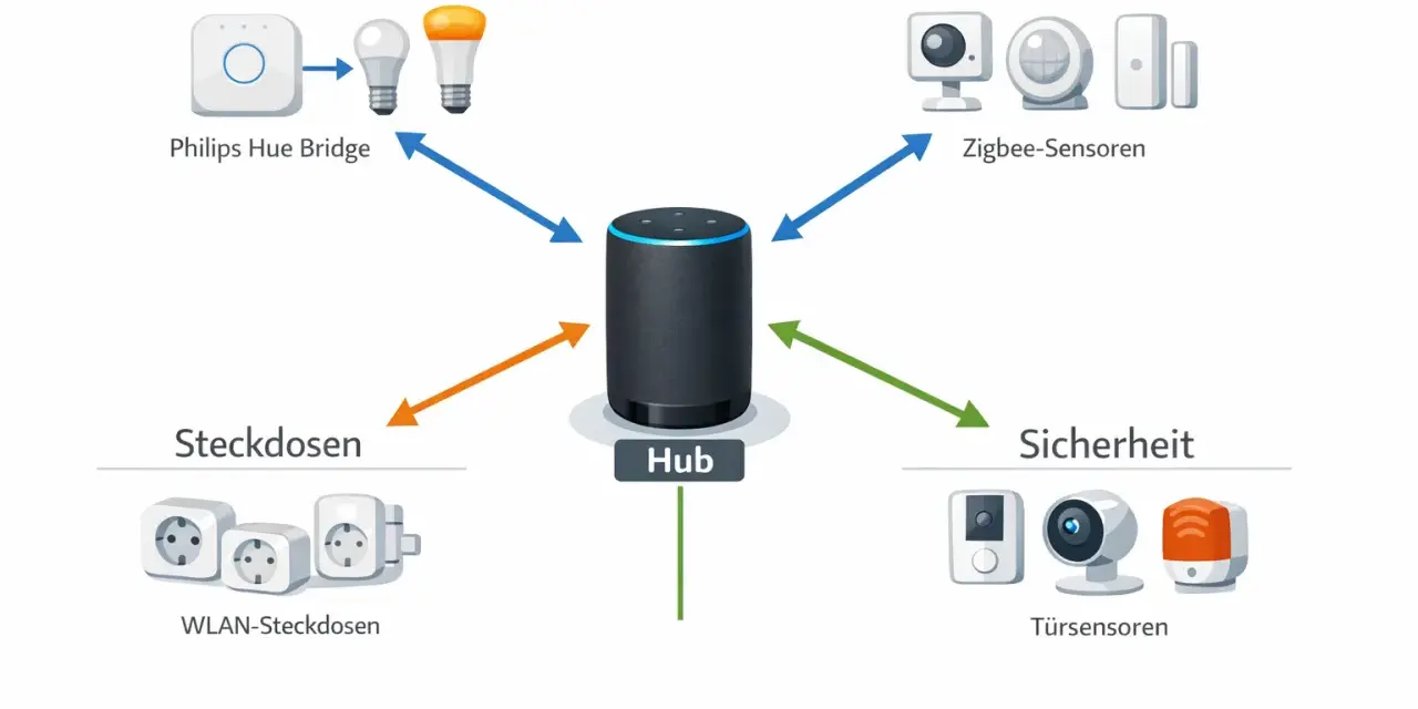 Ein Smart Hub verbindet Lichter, Sensoren, Steckdosen und Sicherheitssysteme über Zigbee, WLAN und Bluetooth.