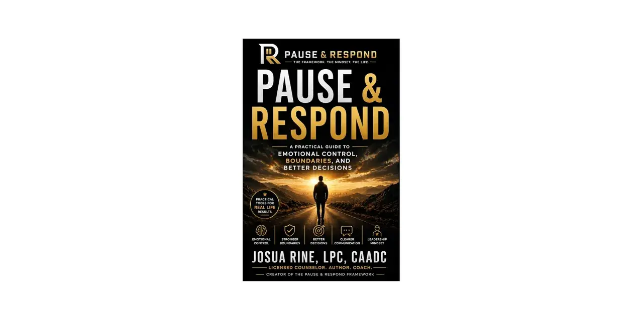 Book cover for "Pause & Respond," a guide to emotional control, featuring a silhouette of a person on a road leading to a sunset.