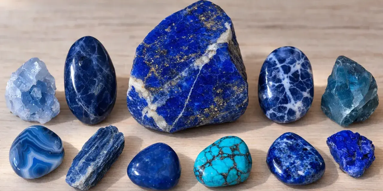Collezione di pietre blu e turchesi. Il lapislazzuli, con le sue venature dorate, è noto per le sue proprietà spirituali e di guarigione.