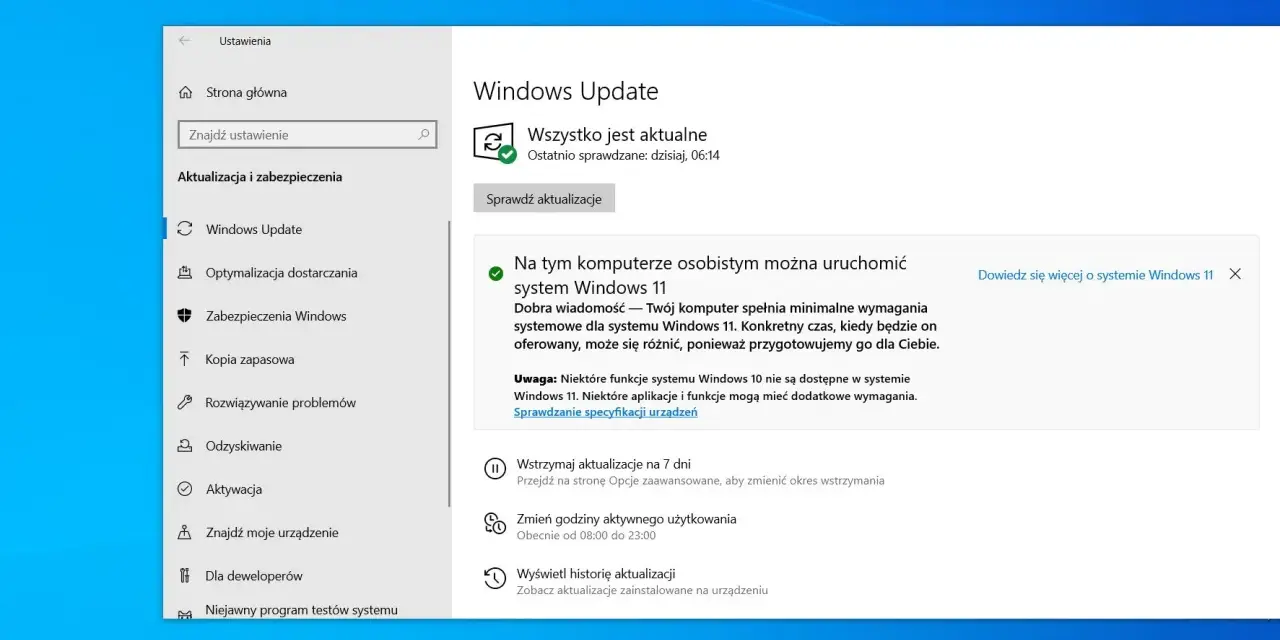 Komputer spełnia wymagania Windows 11. Sprawdzanie aktualizacji systemu i jego specyfikacji.