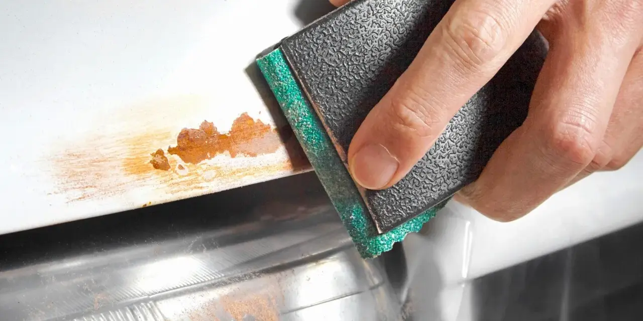 Sanding away rust on a car's bodywork. The abrasive block is removing the orange-brown corrosion.