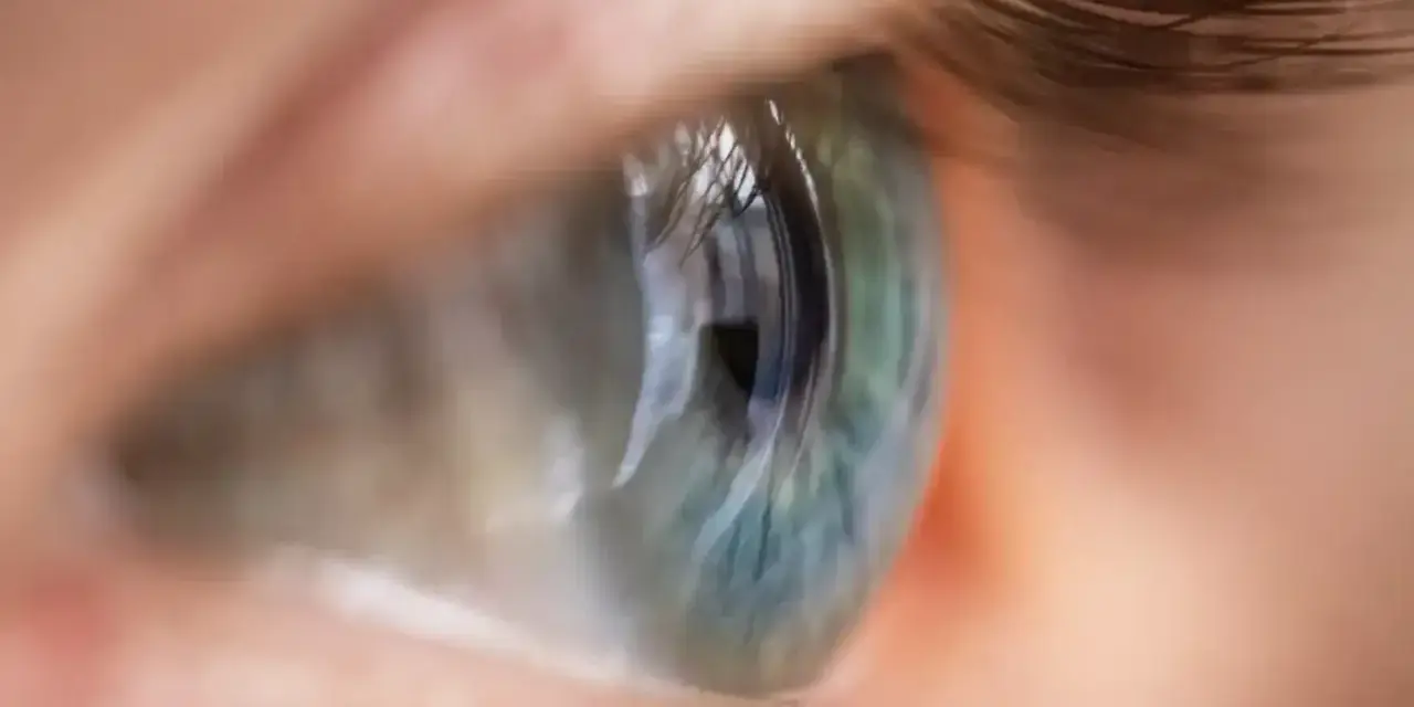 Occhio umano con iride verde-blu, ciglia scure. La sera vedo sfocato, ma questo dettaglio è nitido.