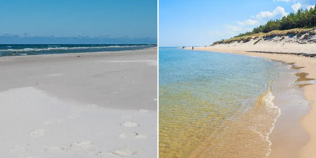 Plaża w Choczewie: piaszczyste wybrzeże Bałtyku z turkusową wodą i sosnowym lasem na wydmach.