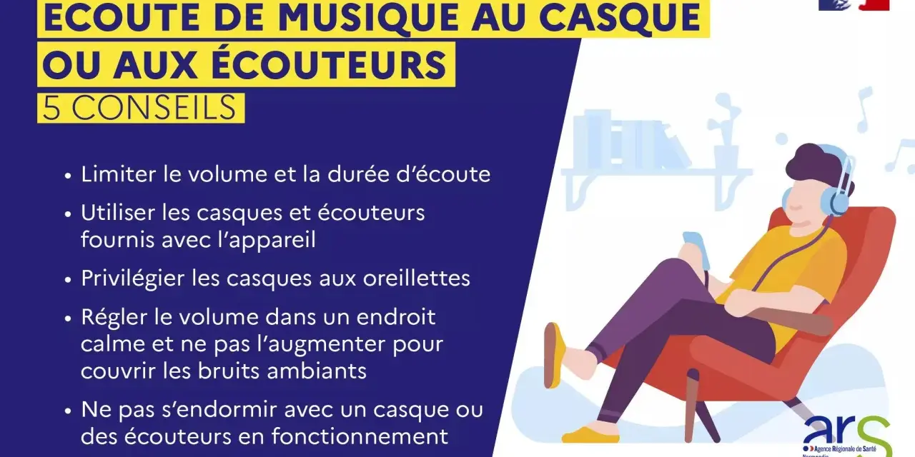 Conseils pour écouter de la musique sans dépasser le seuil de douleur decibel. Un jeune homme écoute de la musique au casque.