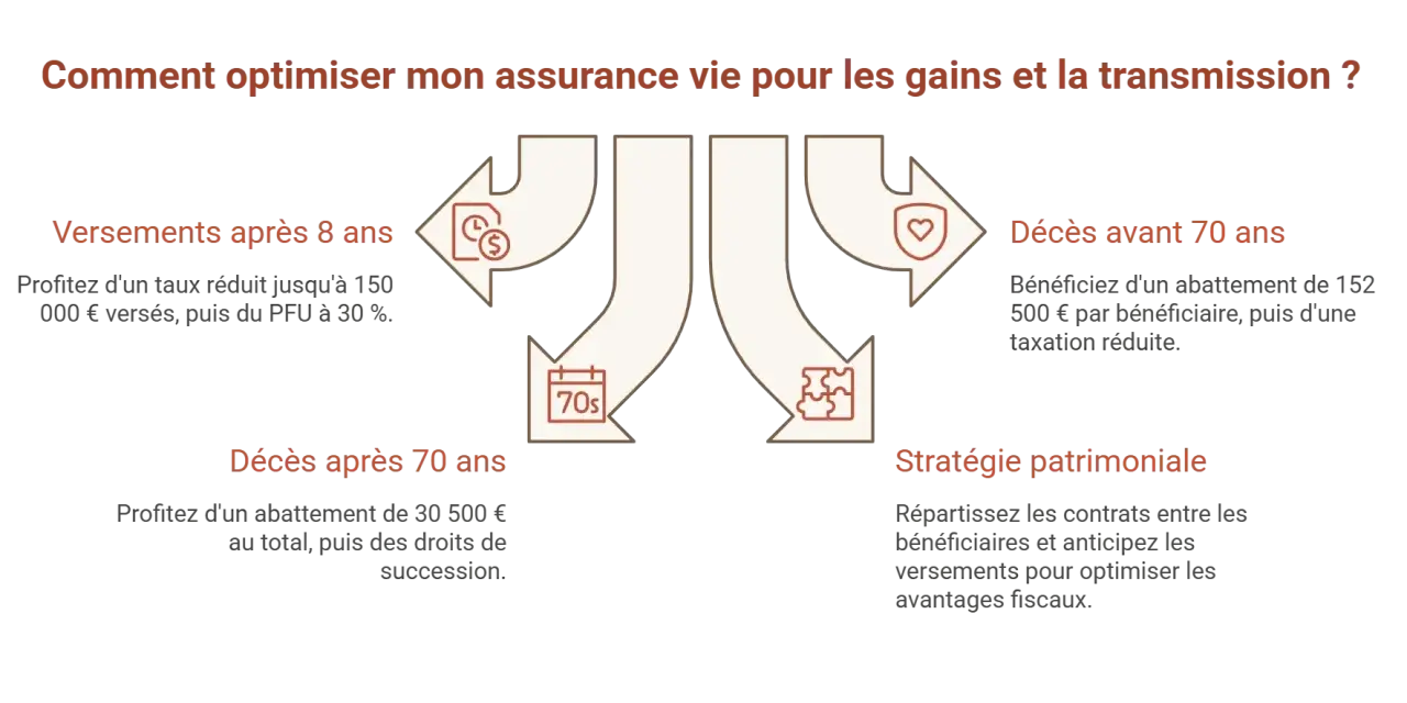 Schéma expliquant comment optimiser assurance vie : versements, décès avant/après 70 ans, stratégie patrimoniale.