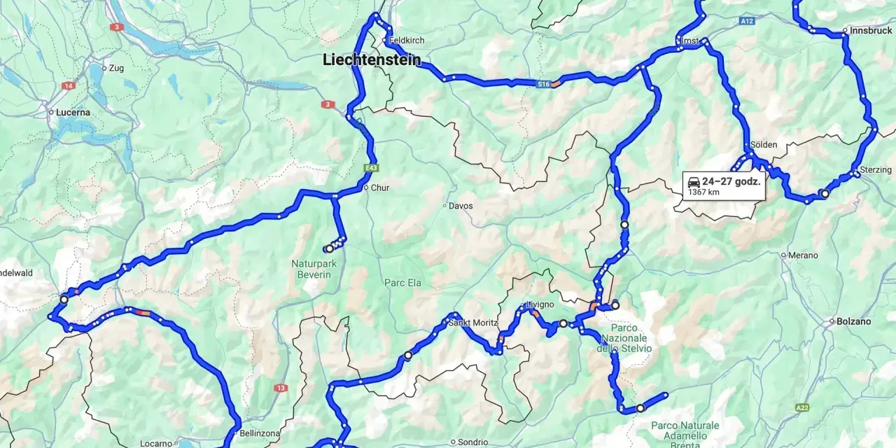 Trasa motocyklem przez Szwajcarię, Liechtenstein i Austrię, 1367 km.