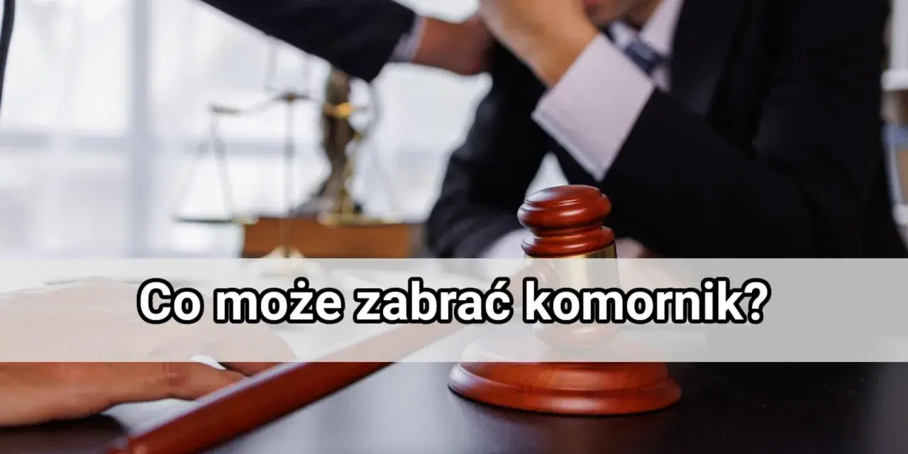 Młotek sędziowski i waga sprawiedliwości. Tekst: "Co może zabrać komornik?". Pytanie o egzekucję.