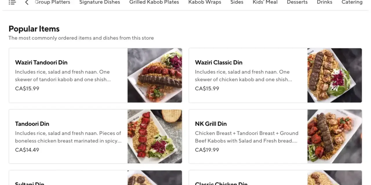 Explora los diferentes tipos de menú de DoorDash, con platos populares como Waziri Tandoori Din y Classic Chicken Din.