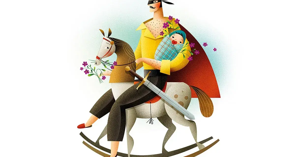 Ilustracje Macieja Szymanowicza: tata-superbohater z niemowlakiem na koniku na biegunach, z mieczem i kwiatami.