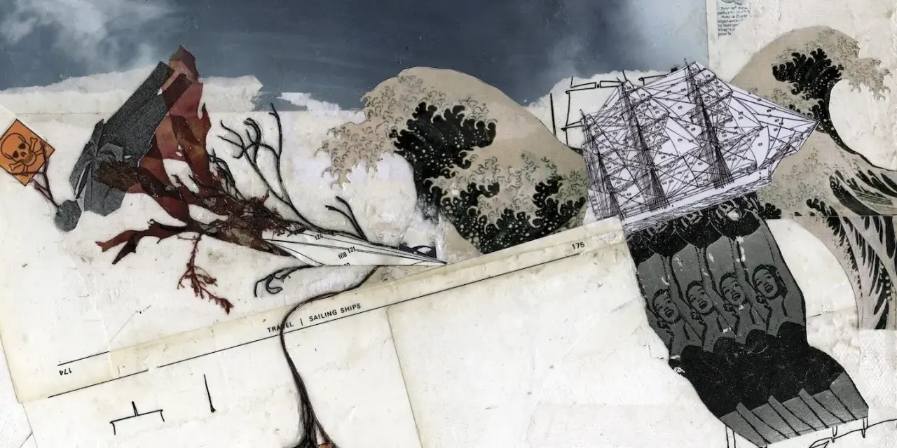 Collage sur toile à peindre : un voilier navigue sur des vagues, menacé par des algues et un crâne.
