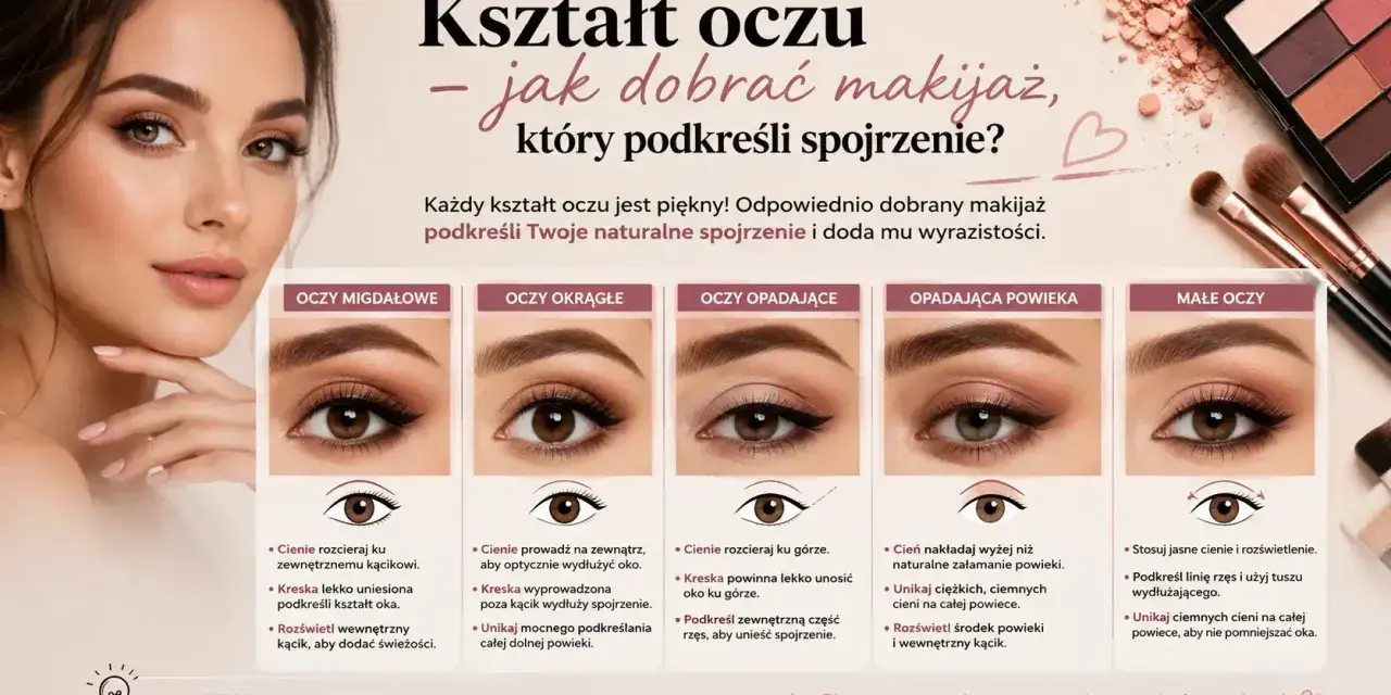 Poradnik makijażu oczu dla różnych kształtów: migdałowych, okrągłych, opadających i małych.