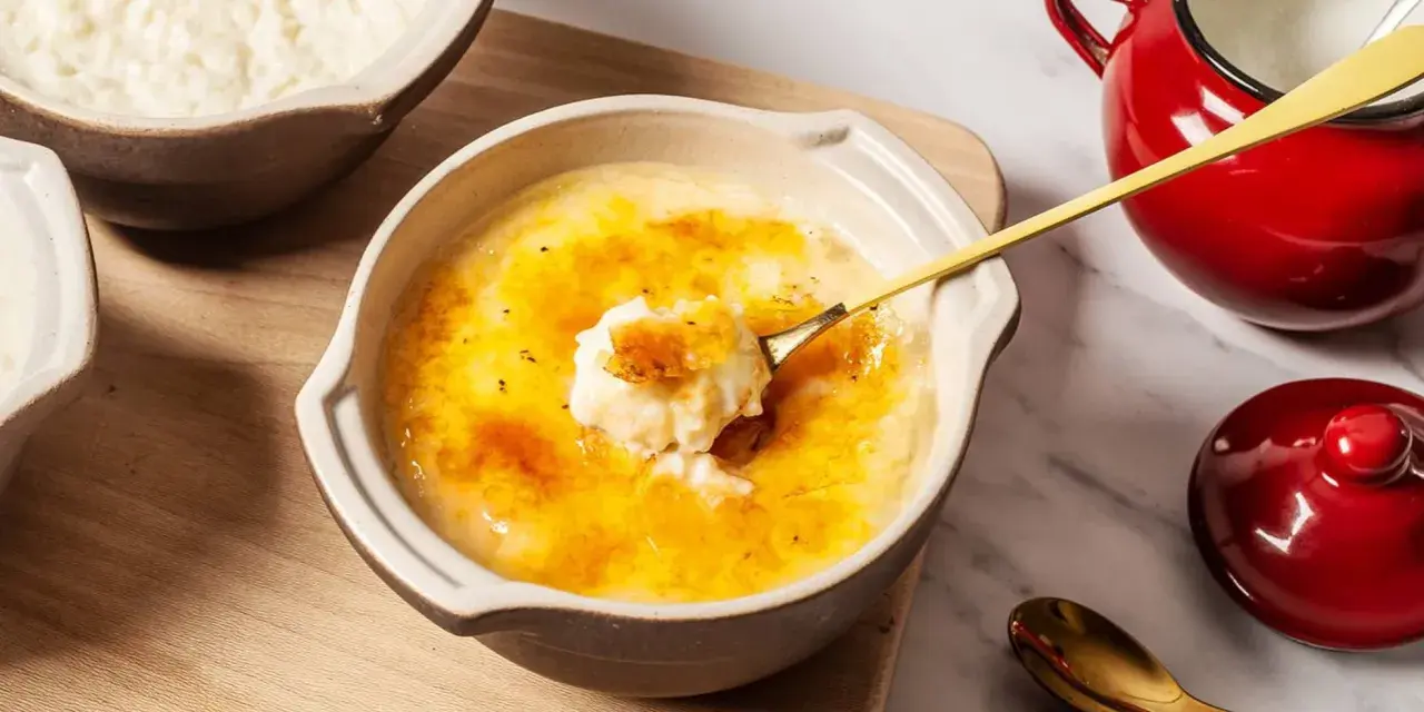 Delicioso arroz con leche asturiano con una capa crujiente de caramelo. Una cuchara dorada levanta una porción cremosa.
