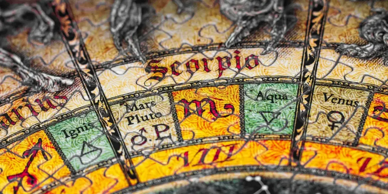 Starożytny astrolabium z napisem Scorpio. Znak zodiaku skorpion, jego data i symbole planetarne.