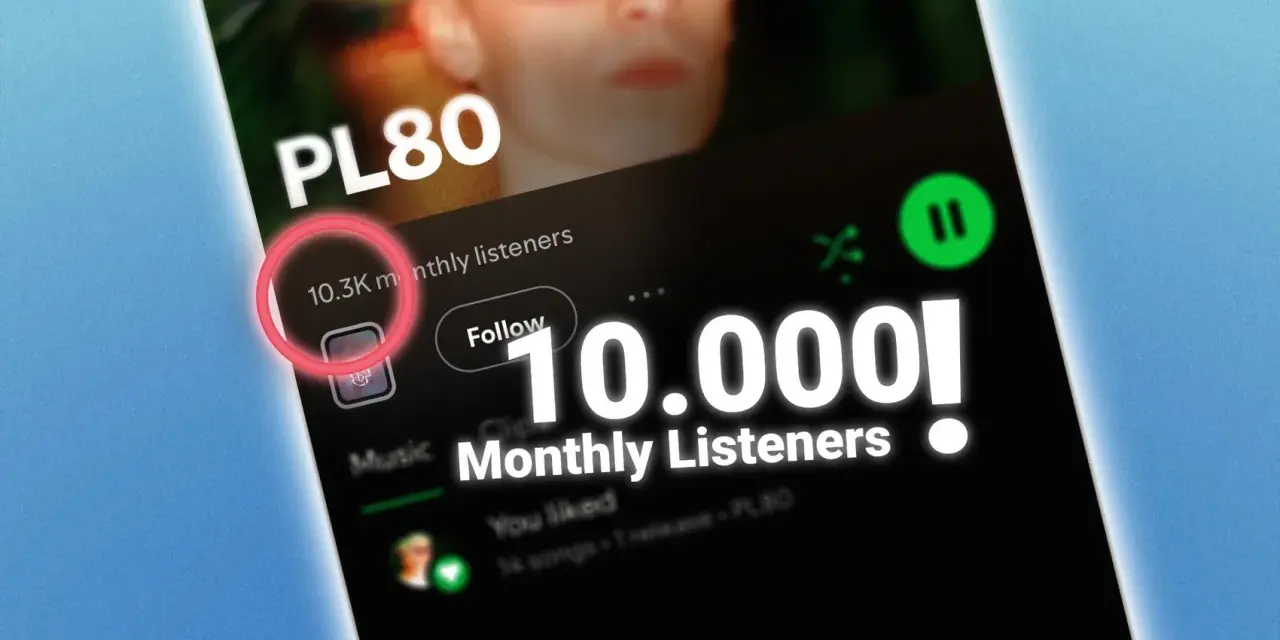 Spotify-Profil von PL80 mit 10.3K monthly listeners, die 10.000er-Marke wird gefeiert.