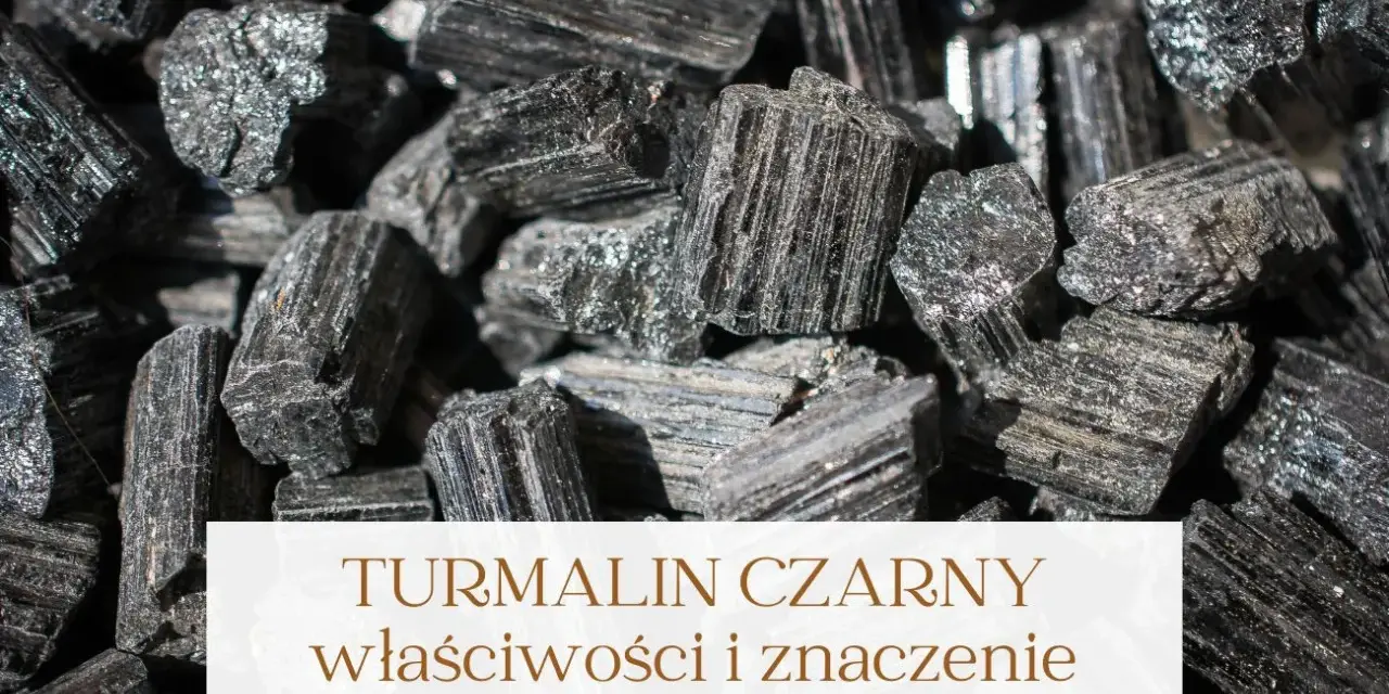 Grupka surowych kryształów turmalinu czarnego, błyszczących w świetle. Kamienie te mają wiele właściwości.