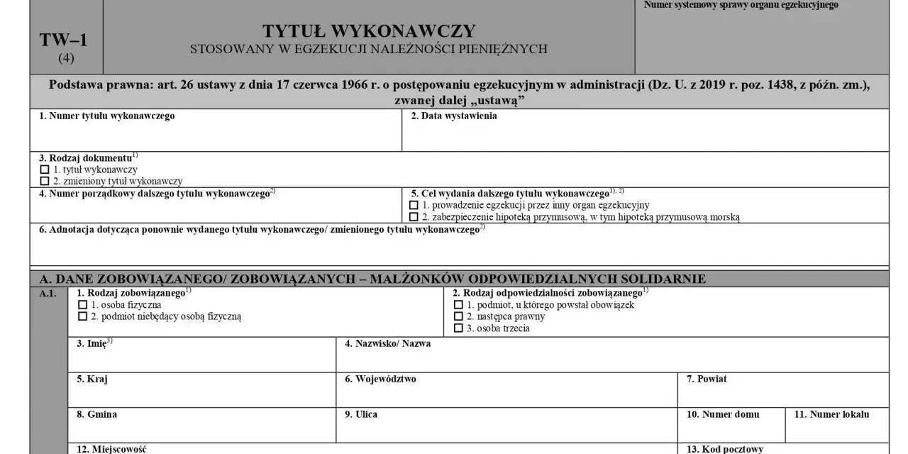 Formularz TW-1 (4) - wzór tytułu wykonawczego do egzekucji należności pieniężnych. Zawiera dane zobowiązanego.