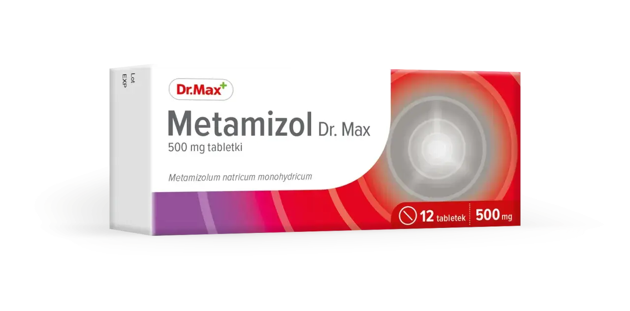 Opakowanie leku Metamizol Dr. Max, 500 mg, zawierające 12 tabletek. Skuteczny środek przeciwbólowy i przeciwgorączkowy.