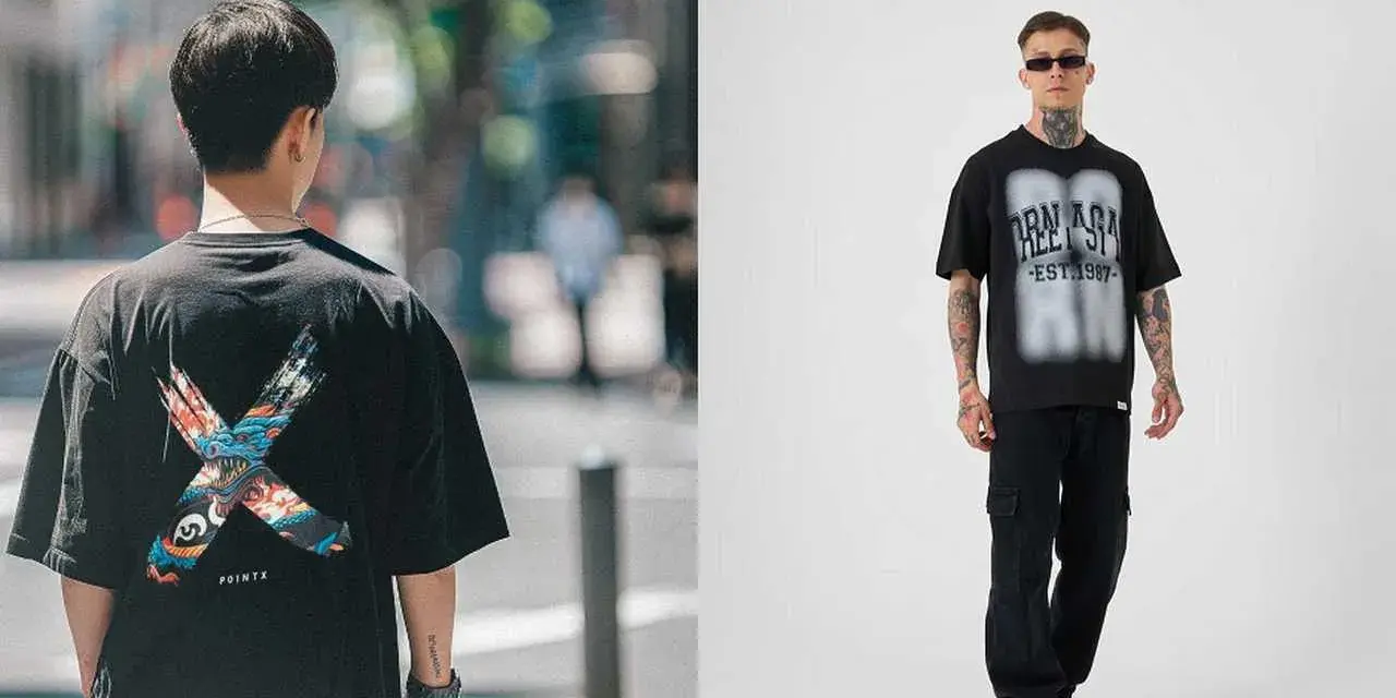 Mężczyzna w czarnej koszulce z grafiką smoka w stylu streetwear. Drugi mężczyzna w czarnej koszulce z napisem i spodniach cargo.