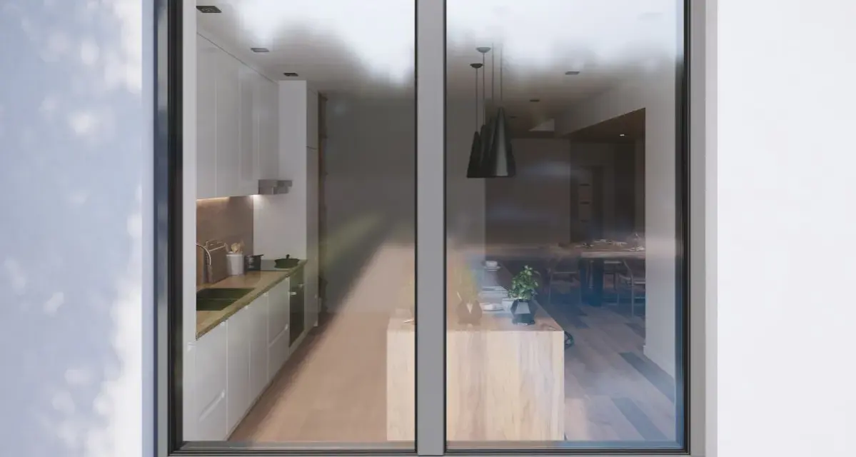 Vue d'une cuisine moderne et d'une salle à manger à travers un ouvrant fenêtre.
