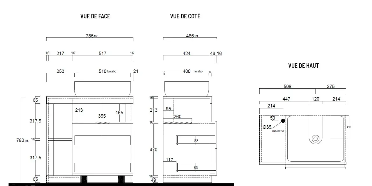 Plans techniques d'un meuble de salle de bain avec vasque à poser. La hauteur totale du meuble est de 780 mm.