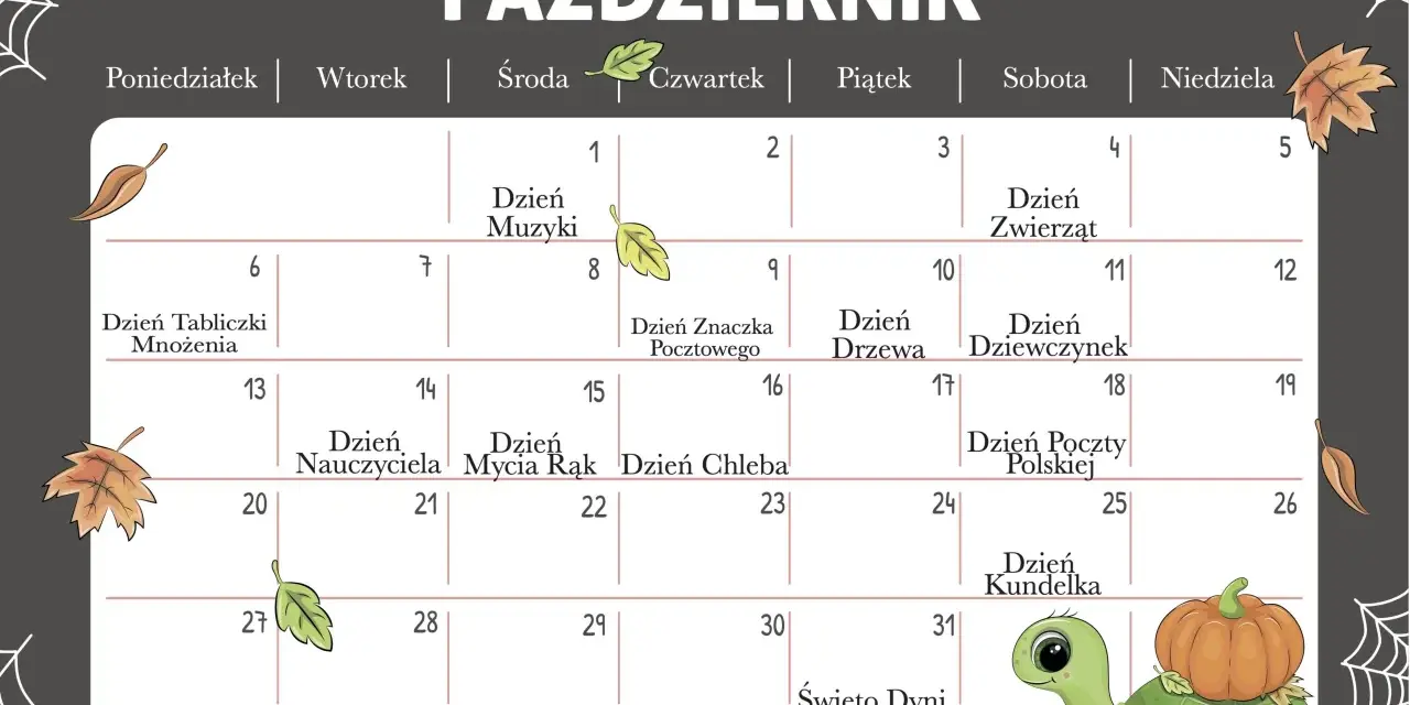 Październikowy kalendarz dni nietypowych z zabawnym żółwikiem i dynią. Zaznaczone święta: Dzień Muzyki, Zwierząt, Nauczyciela, Mycia Rąk, Chleba, Poczty Polskiej, Kundelka i Święto Dyni Halloween.