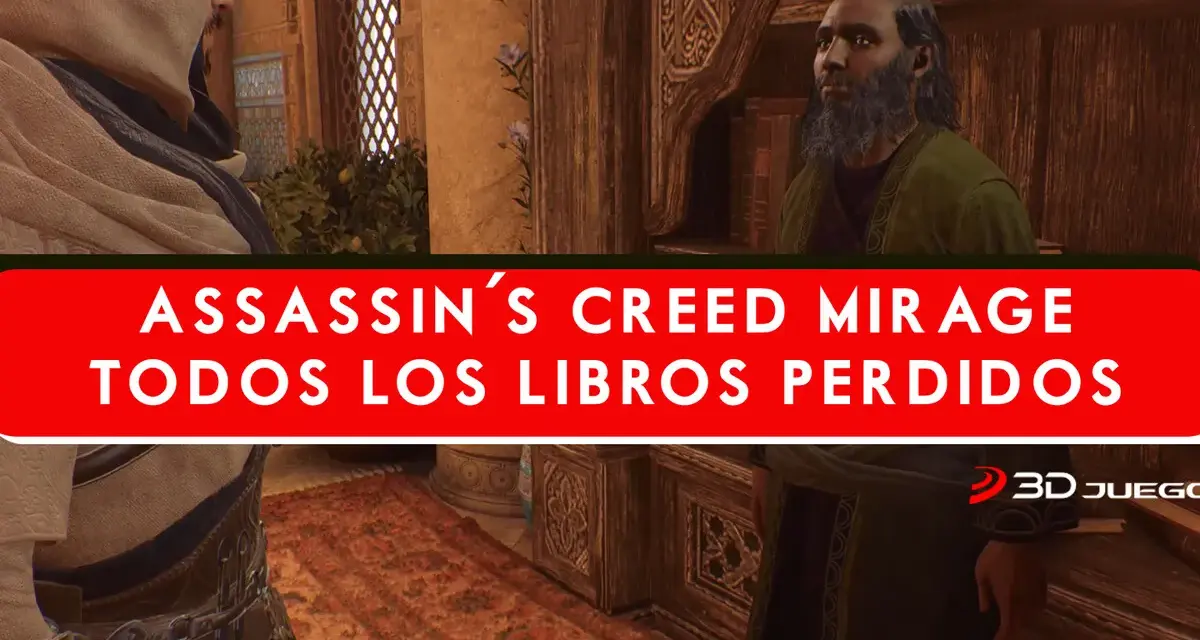 Basim busca los libros perdidos en Assassin's Creed Mirage. Un hombre con barba y túnica verde le habla en una habitación con estanterías.