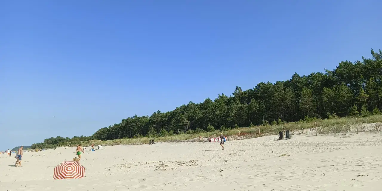 Słoneczny dzień na plaży w Karwi. Ludzie spacerują po piasku, w tle las.