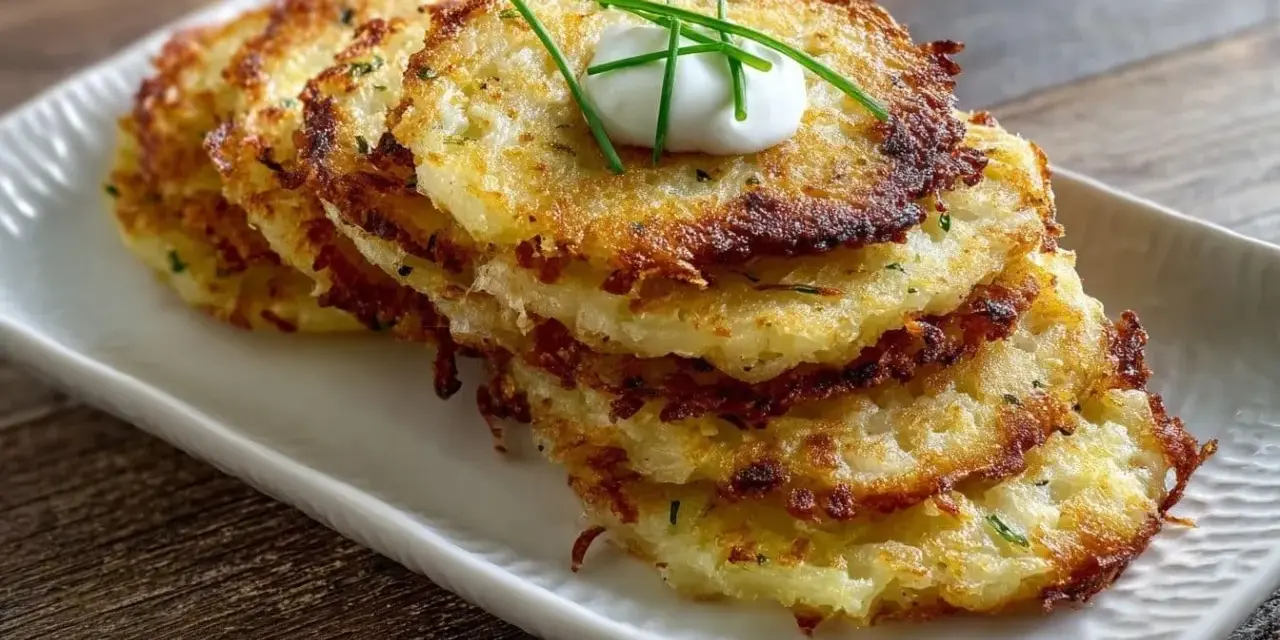 Pile de galettes de pomme de terre dorées et croustillantes, garnies d'une cuillère de crème fraîche et de ciboulette.