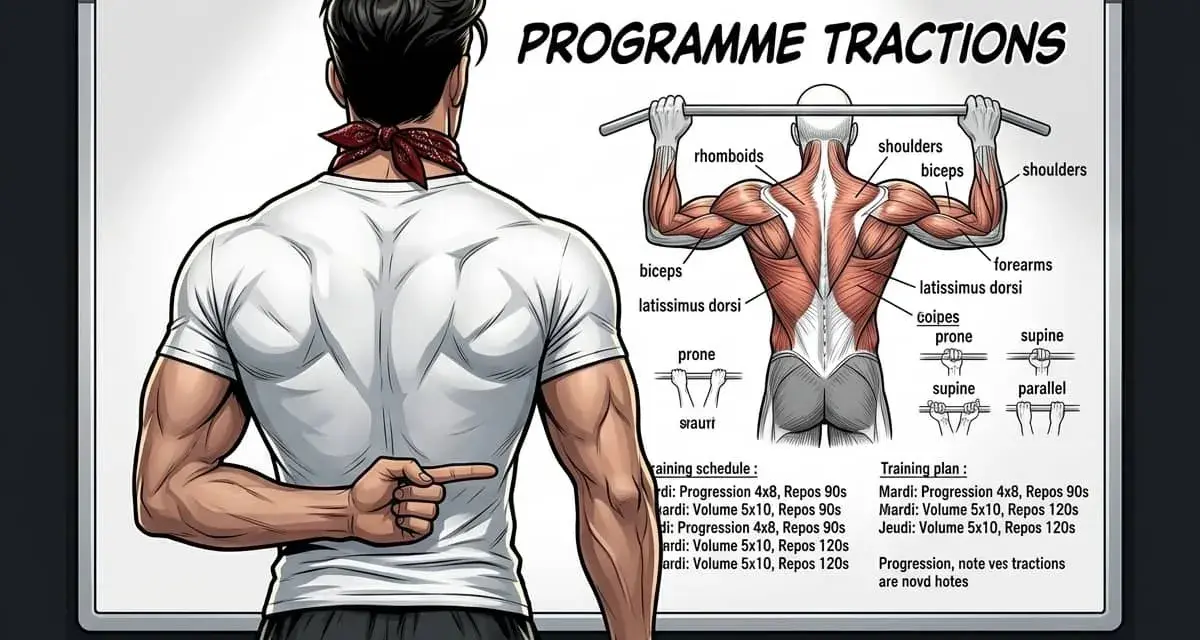 Un homme musclé montre un tableau expliquant le programme tractions, avec des schémas anatomiques et un planning d'entraînement.