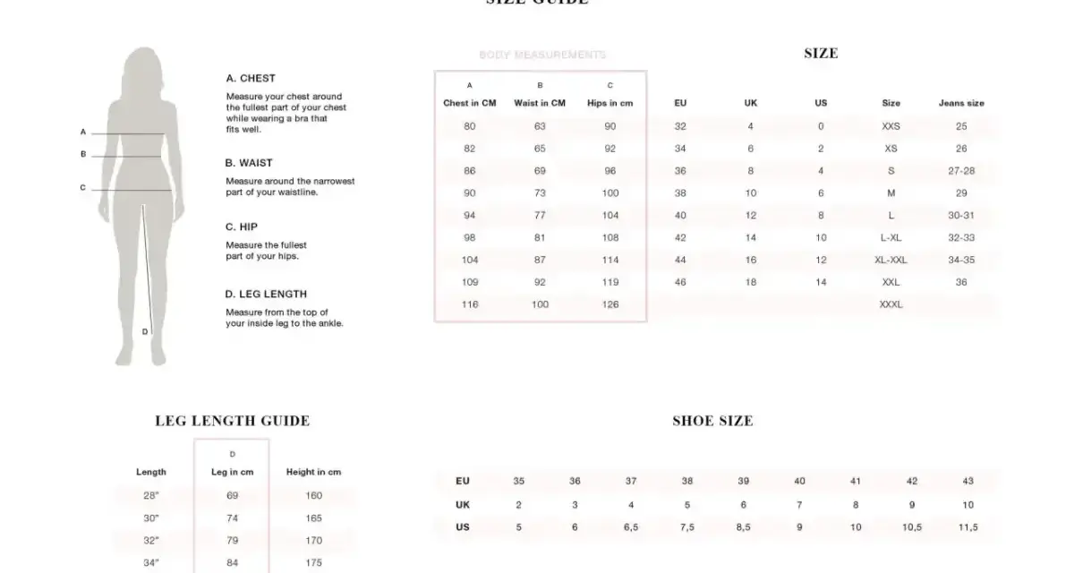 Tabela rozmiarów ONLY: rozmiar 16 odpowiada UK 44, EU 16, US 12, XL-XXL, jeans 34-35.